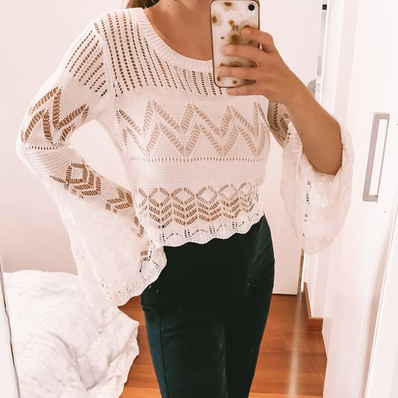 Anthropologie Mystree Pointelle Cropped Sweater Bell Sleeve Top - Picture 6 of 12